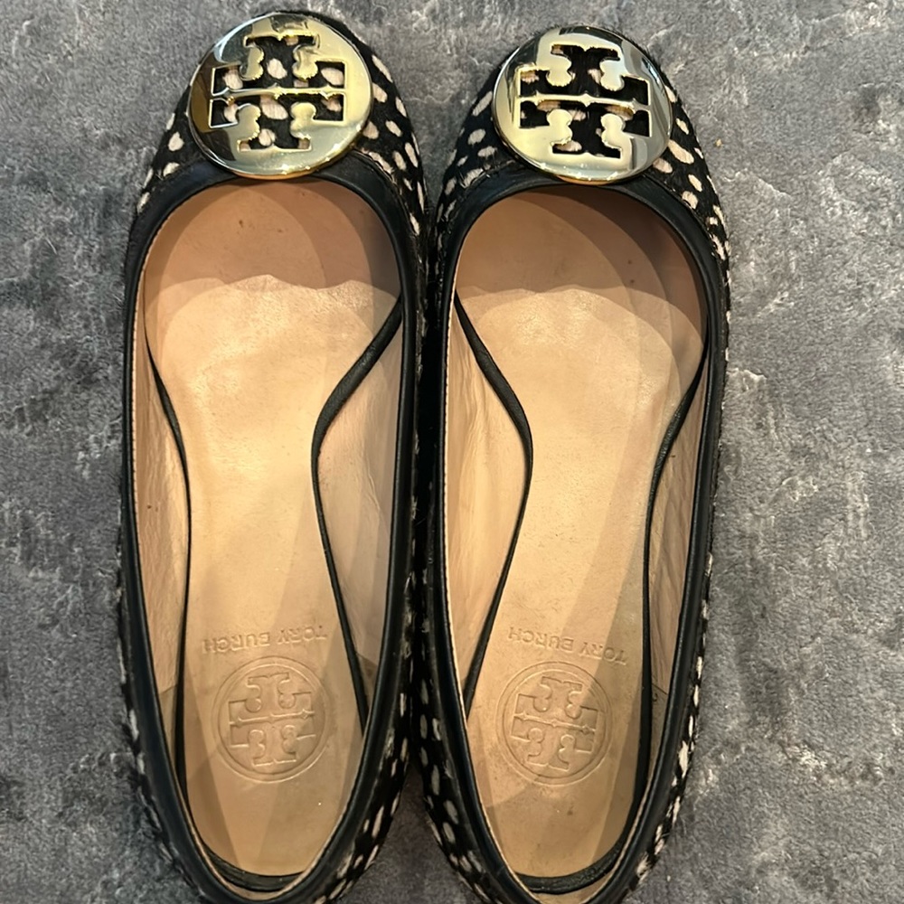 TORY BURCH REVA BALLET SPOTTED CALF HAIR ON LEATHER FLAT SHOES